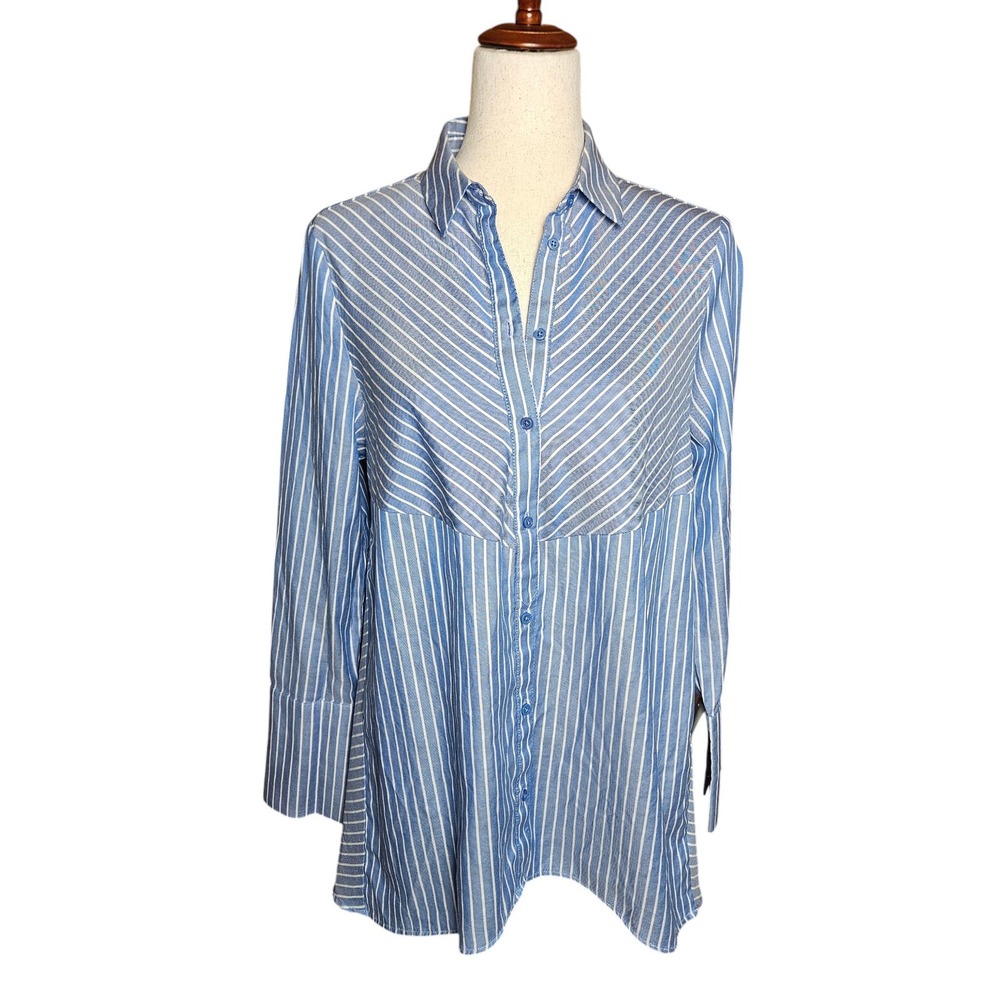 Autograph Blue White Pinstripe Button Down Tunic Shirt Womens UK 12 Mixed Stripe